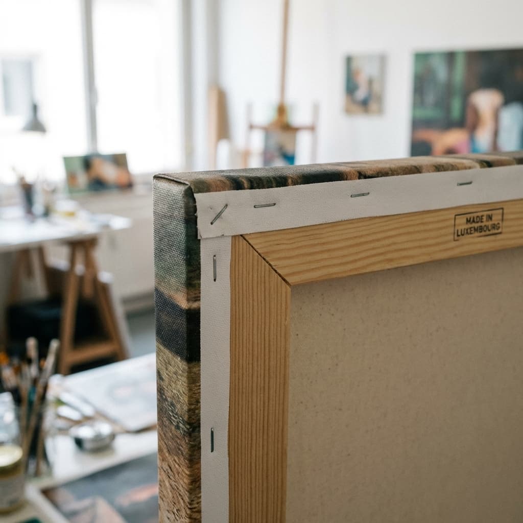 Gallery wrapped canvas corner detail showing wooden frame